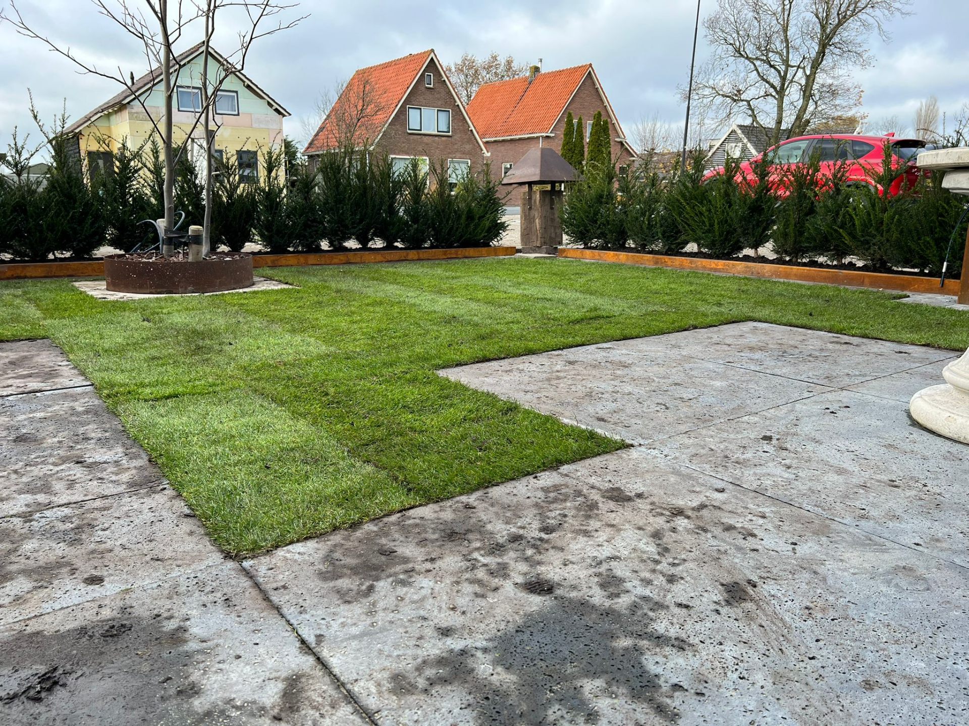 Voortuin met taxushaag en betontegels